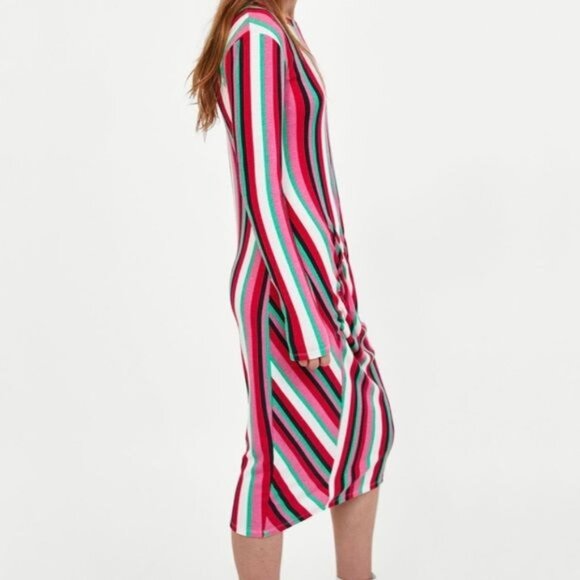 Zara Rainbow Striped Midi Dress Long Sleeve Stretch Colorful & Vibrant - Picture 1 of 11